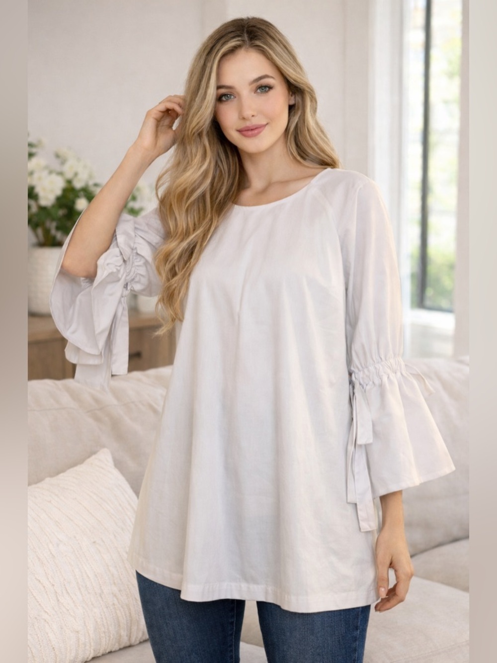 White XL Bell Airy Tie Sleeves Blouse Prairie Cottagecore Counterparts